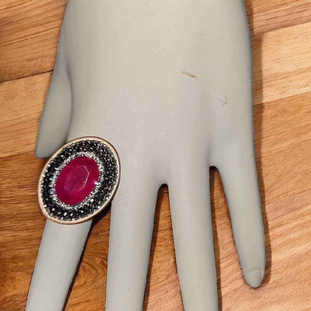 Sterling Silver Statement Ring w/Double Halo & Red Gemstone